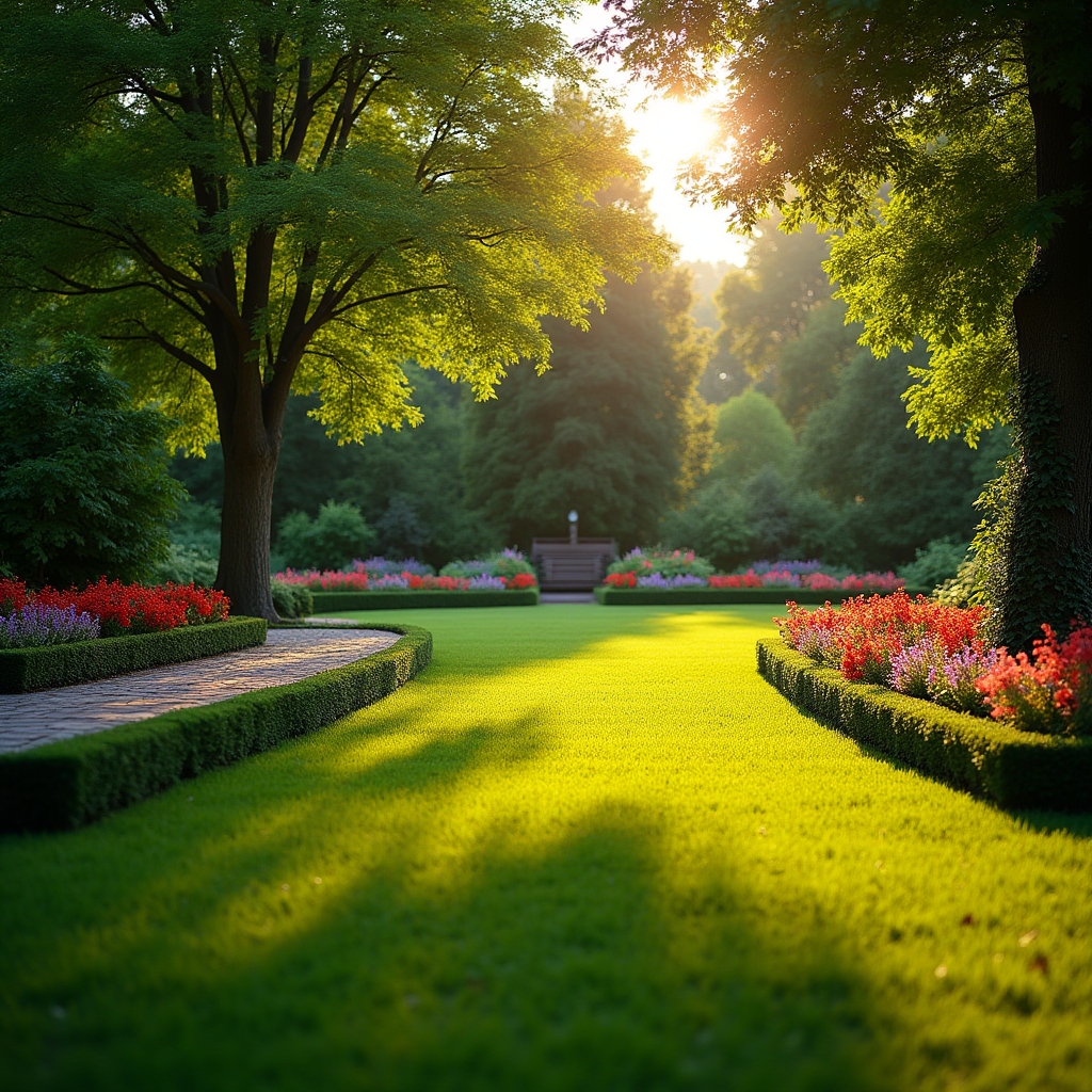 Grădină amenajată profesional cu plante verzi și flori colorate